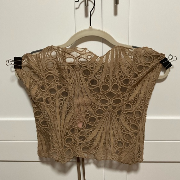 Micas Tops - Crochet Lace Cap Sleeve Blouse in Tan